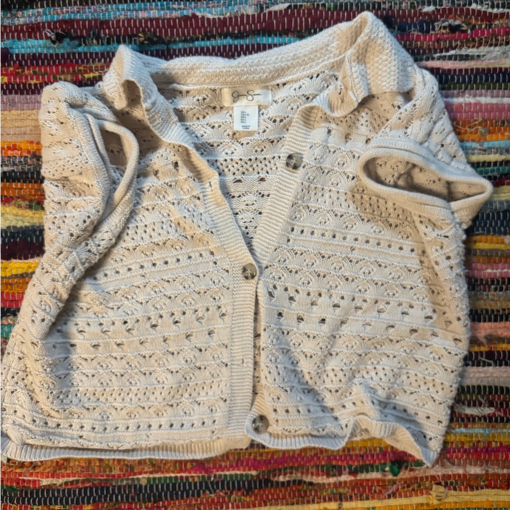Cream Crochet Short Sleeve Sweater